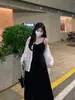 Vestido Preto de Alça Fina de Alta Qualidade Estilo Francês para Mulheres, Perfeito para o Verão, Valoriza Mulheres Plus Size, Conjunto Completo