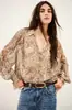 Camisa vintage popular de cachemir transfronteriza europea y americana para mujer con cuello camisero, mangas de farol, top fino floral de manga larga