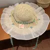 Sombrero de Paja con Cinta de Encaje a Cuadros para Mujer, Sombrero de Sol de Verano para Playa y Vacaciones en la Costa, Sombrero de Sol con Ala Ancha para Protección Solar
