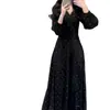 Estilo de Trajeto Transfronteiriço Decote V Manga Bufante Poá Cintura Longa Ajuste Afinando Outono e Inverno Nova Roupa Íntima Saia Evasê Saia Longa Feminina
