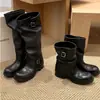 Botas de montar genuinas de cuero estilo Grapema para mujer con dos alturas de caña, punta redonda, hebilla de cinturón, tacón apilado, tacón grueso, botas vaqueras occidentales