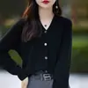 Novo Cardigã de Lã Tricotado com Gola V Outono/Inverno para Mulheres, Curto, Simples, Estiloso, Quente, Casaco 100% Lã Pura