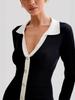 Vestido de punto con tirante de lazo Otoño e Invierno Manga Larga Hebilla de Perla Estilo Chanel Falda con Volantes Europa y América Transfronterizo