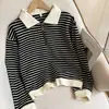 Sudadera con Cuello Polo Talla Grande Rayas Americanas Cremallera Chaqueta de Manga Larga para Mujer Nuevo Diseño Primavera y Otoño 2025
