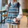 Suéter de Punto Rayado con Cuello en V Degradado Retro Estilo Japonés Chaleco sin Mangas Holgado Unisex para Pareja Chaleco Suéter