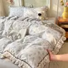 Juego de cuatro piezas de estilo girly de algodón para dormir sin nada, sábana bajera 100% algodón puro, funda de edredón con estampado activo fresca y delicada 4