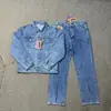 Conjunto de Jeans Cross-Cor Devil con Bordado de Estrellas Calle Alta Americana Vintage Desgastado Casual Chaqueta de Cinco Puntos