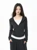 IamX Gris Oscuro Sudadera con Cremallera Media Falso Dos Piezas con Capucha Manga Larga Camiseta Top Mujer Otoño 2026 Nuevo Conjunto Deportivo
