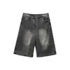 Shorts de Mezclilla Negros-Grises Lavados y Desgastados Estilo Retro High Street Americano para Hombre, Estilo de Nicho con un Ambiente Relajado, Pantalones Rectos de Pierna Ancha de Seis Puntos