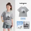 Camiseta de Algodão Puro Pudding Haru 2026 Novo Estilo de Verão Camiseta Estampada Retro Americana de Manga Curta para Meninas em Estilo Preguiçoso