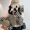 Cardigan Tricotado Vintage de Listras Off-Shoulder Manga Longa para Mulheres, Novo Outono Curto Slim Gola Polo Tendência