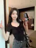 Camiseta de Manga Curta Verão Feminina Novo Estilo Coreano Puro Lustre Design Sexy Cordão Gola Quadrada Slim Aparência Emagrecedora Top Curto