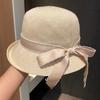 Sombrero de Pescador para Mujer Primavera y Verano Nuevo Sombrero de Protección Solar Rizado con Lazo Vacaciones en la Playa Moda Sombrero de Sol Sombrero Tipo Cubo