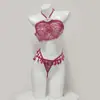 Conjunto Sexy Rojo Nuevo Estilo Chino Bordado Faja, Tres Piezas Transparente Revelador de Pecho Seductor Encaje Lencería 2765
