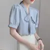 Camisa con moño azul, diseño para mujer, blusa profesional y elegante, top de satín con detalle de corbata
