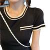 Malha Listrada com Decote em V para Mulheres Verão 2024 Nova Camiseta de Manga Curta de Cintura Alta Pequena Slim Doce e Picante Top Curto