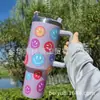 Nueva Taza de Coche de 40 oz con Asa, Taza Aislada con Popote, Taza de Hielo para Coche que Mantiene el Frío, Vaso de Agua de Verano con Flores y Caras Sonrientes