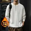 Estilo Novo Primavera e Outono 2026 Algodão Puro Gola Henley Moletom Masculino Camiseta Solta de Manga Longa Estilo Americano Top Camisa Base Branca