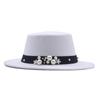 Sombrero de copa plano de estilo francés británico con lazo de perlas Otoño e Invierno Nuevo Sombrero de lana de imitación Sombrero de caballero Sombrero de fieltro de ala ancha