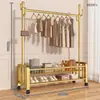 Cabide de chão doméstico, varal simples para secar roupas de quarto, cabide de roupas móvel, prateleira de armazenamento vertical de camada dupla