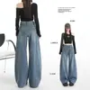 Calça Jeans Vintage Cruzada Outono 2026 para Mulheres, Petite, Cintura Alta, Caimento Solto, Cobre o Quadril, Perna Larga Curva