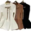 Nuevo Estilo Otoño Cuello Peter Pan Lazo Tejido Delgado Top Capullo Vestido para Persona Pequeña Falda Corta