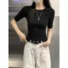 Camiseta básica azul marinho de manga curta estilo coreano para mulheres, camisa base de verão de manga média slim fit com alta elasticidade, top simples que marca a cintura