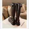 Versión de Piel de Vaca, Nuevo Estilo Otoño e Invierno, Punta Redonda, Correa con Hebilla, Tacón Grueso, Debajo de la Rodilla, Cierre de Cremallera Trasera, Caña Media-Alta, Botas de Monta de Cuero Genuino para Mujer