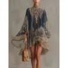 Vestido de Gasa Estampado de Cuello Alto Estilo Europeo y Americano Chal Suelto Vestido de Manga Larga para Mujer Estilo Casual de Vacaciones Transfronterizo Ropa Nueva para Mujer