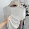 Camiseta de manga corta para mujer, ligera y cómoda, de Lyocell Tencel y lana, hombro normal de verano, top simple bordado de cuello redondo, camiseta básica