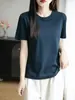 2026 Verão Fina Algodão Penteado Algodão Puro Gola Redonda Manga Curta Camiseta Feminina Básica Versátil Top com Ombro Direito Camiseta Base