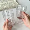 Vaso de Vidrio Transparente con Relieve Estilo Lujo Ligero, Tazón de Helado Específico para Restaurante, Copa de Champaña, Copa de Vino Tinto con Patrón Creativo de Pergamino