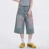 Calça jeans cropped colorida estilo retrô americano com grafite para mulheres, novo estilo de verão 2026, calça reta solta de perna larga de comprimento médio