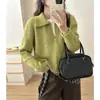 Foto real de cárdigan de punto casual estilo coreano con cuello polo para mujer, nuevo suéter chaqueta versátil de otoño con cremallera, holgado