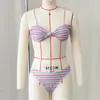 Biquíni triângulo com fenda alta, estampa listrada sexy, maiô de duas peças sem alças para mulheres, novo modelo 2026, comércio exterior AliExpress