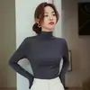 Camiseta interior básica de manga larga para mujer, cuello medio alto, corte ajustado, elástica, antiestática, color liso, simple, para el trabajo