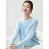 Mismo estilo que suéter de cachemira para mujer con cuello redondo, hombro caído, trenzado grueso de tres hilos, color liso, tejido suelto, suéter base