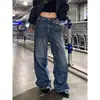 Jeans Azul Lavado Retrô Desgastado Feminino Primavera e Outono Cintura Alta Soltos Casuais Calças de Perna Larga Calças Longas