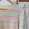 Camiseta japonesa de rayas de colores para mujer, nueva camiseta informal holgada de manga larga con estilo antiedad para primavera y otoño de 2025