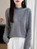 Suéter de punto de lana pura estilo coreano, medio alto, medio abierto, transfronterizo para mujer, jersey de ganchillo con manga, otoño e invierno