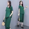Traje de Verano Talla Grande Moda Casual Elegante Moderno Adelgazante de Gama Alta Camiseta de Manga Corta Pantalones Capri Conjunto de Dos Piezas Ropa para Mujer