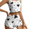 Novo Conjunto de Pijama Feminino de Tricô com Estampa de Listras e Corações, Shorts com Alças, Roupa Casual para Casa