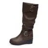 Botas de Couro Macio Estilo Coreano de Cano Alto para Mulheres Inverno Fivela Salto Bloco Emagrecedoras Botas de Cavaleiro Versáteis Fashion High Boots