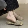 Primer Encuentro Ji Zapatos de Mujer Elegantes Franceses de Una Tira 2026 Tacón de Cuña Estilo Nuevo de Verano Sandalias con Pedrería Estilo Chica Rica