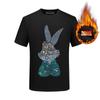 Camiseta básica de manga corta para hombre con diseño de animal conejo, forro polar, para invierno, con pedrería, ropa de hombre, camiseta moderna de talla grande para hombre, cálida