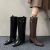 Botas de Montar de Estilo Europeo y Americano de Caña Ancha, Modelo Nuevo con Hebilla de Cinturón, Punta Cuadrada Plana, Tacón Grueso, Botas Rectas Slip-On, Botas Largas de Cuero Genuino de Tacón Alto