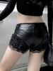 Verão 2025 celebridade da internet boate sexy DS discoteca cintura baixa super calças costura de renda shorts de couro PU hot pants