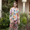 [Fazenda da Raposa] pijama feminino primavera e outono seda gelada manga longa fino seda artificial estampado homewear feminino de verão