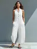 Mono Casual Transfronterizo Europeo y Americano para Mujer, Sencillo, Mezcla de Lino, Botones, Sin Mangas, Cuello Alto, Pierna Ancha, Cargo
