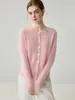 Cardigã de Malha 100% Caxemira Pura Moda Gola Redonda Jacquard Vazado Peça de Exterior Gola Redonda de Botão Único Temperamento Feminino para o Dia a Dia